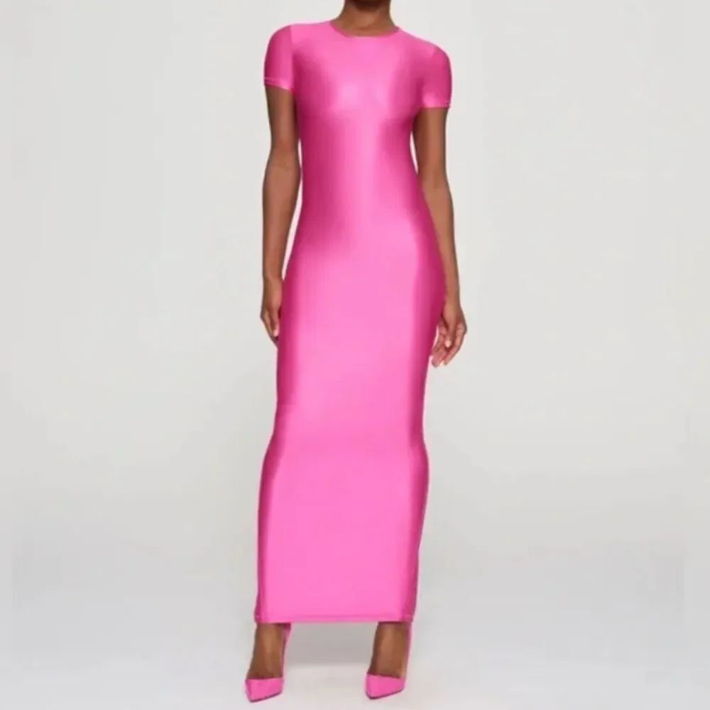 SKIMS Pink Maxi Dress Size S/P - Shiny Short Sleeve Tight Dress - NEVER WORN